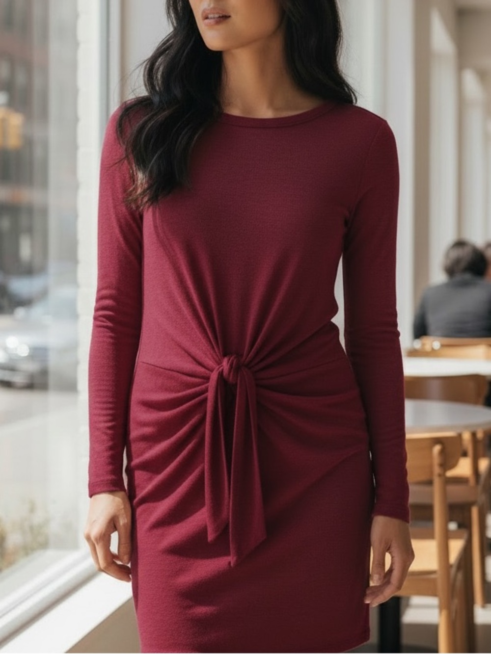 Impressions Long Sleeve Tie Front Dress Maroon Size Small